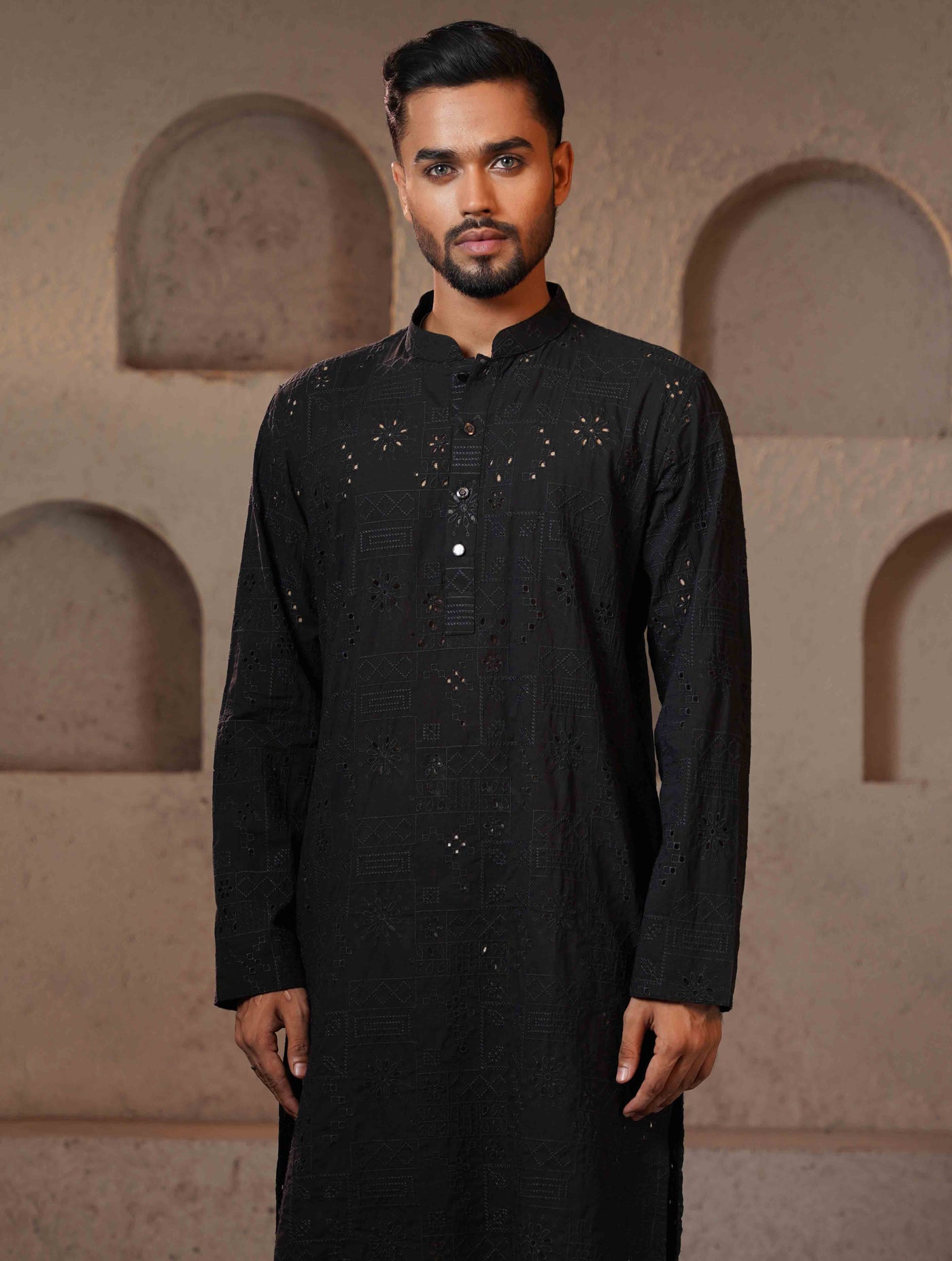 Matte Black Texture Premium Cotton Panjabi