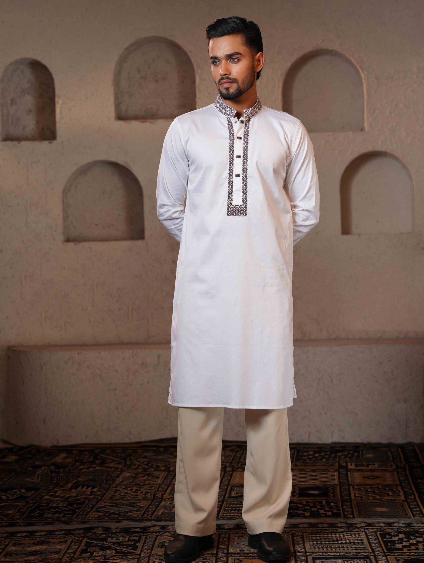 White Coffee Collar and Cuff Embroidery design Premium Panjabi