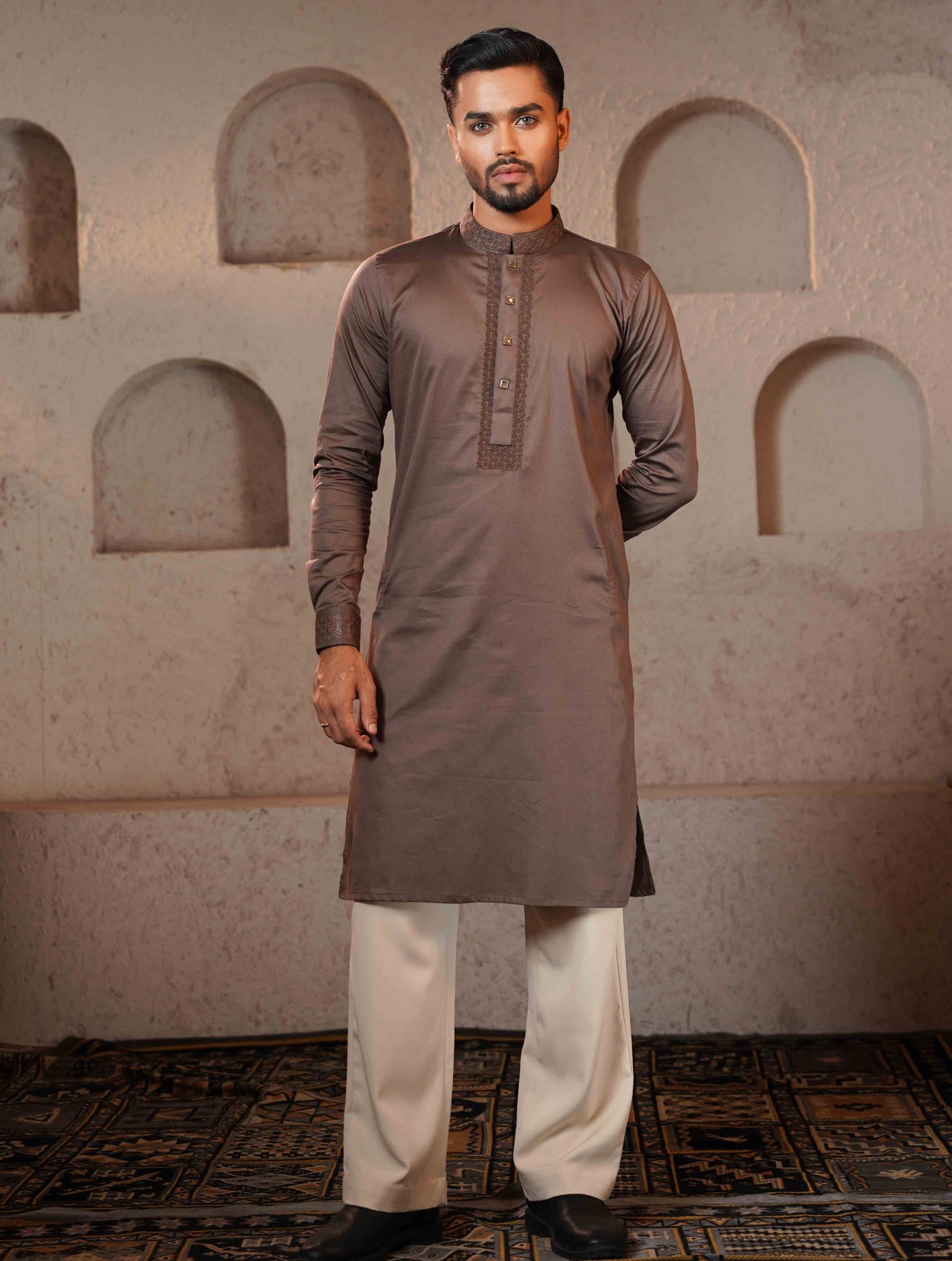 Dark Coffee Collar and Cuff Embroidery design Premium Panjabi