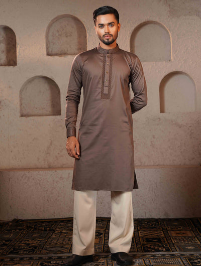 Dark Coffee Collar and Cuff Embroidery design Premium Panjabi