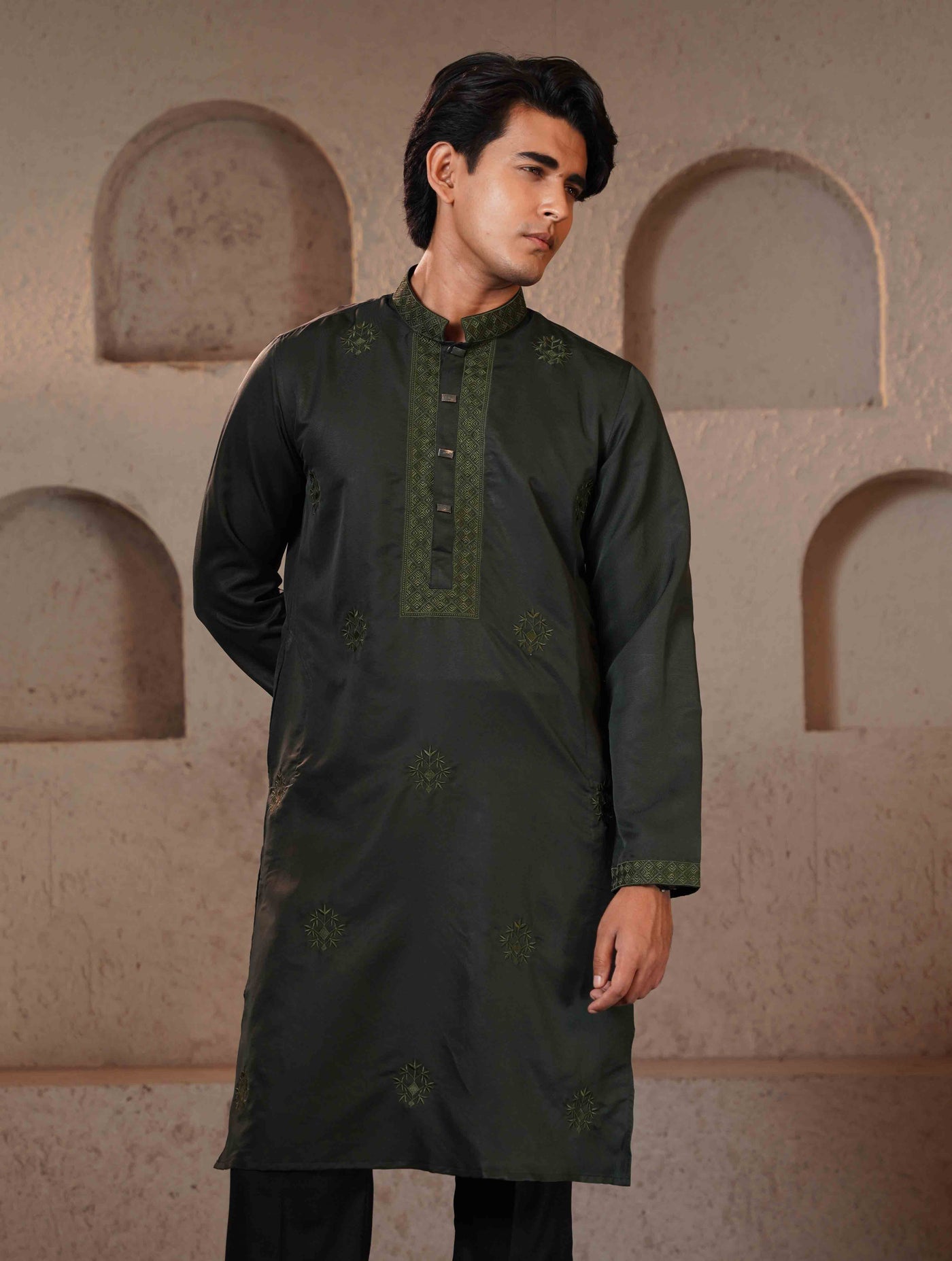 Deep green color full body chest Embroidery premium Panjabi