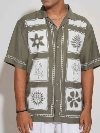 Olive Block Flower printed havana shirt