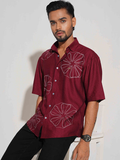 Maroon chest printed drop shoulder shirt