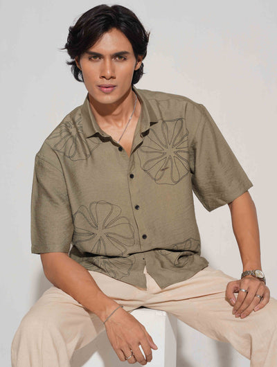 Olive chest printed drop shoulder shirt