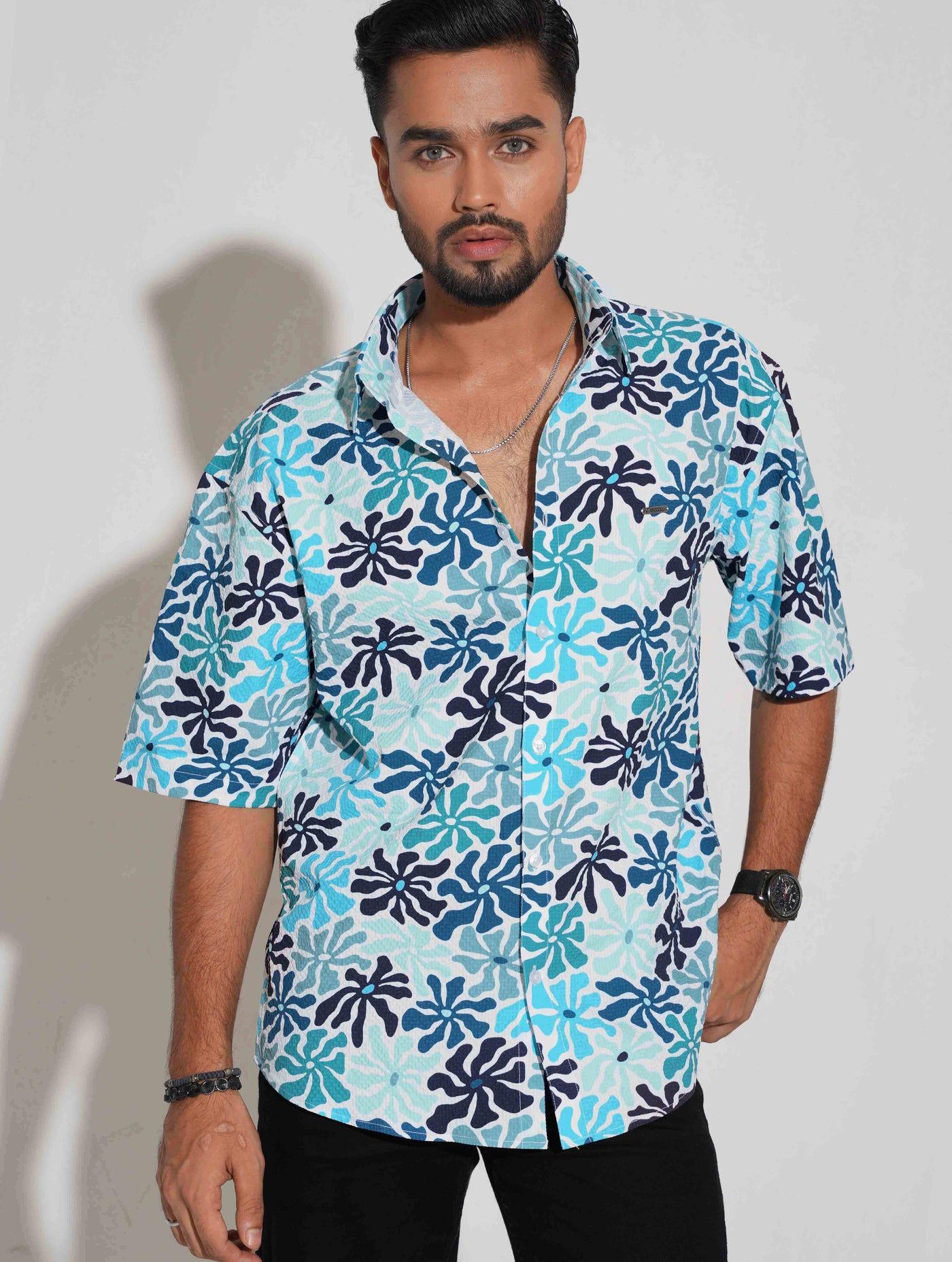 Turquoise blue flower printed drop shoulder half sleeve