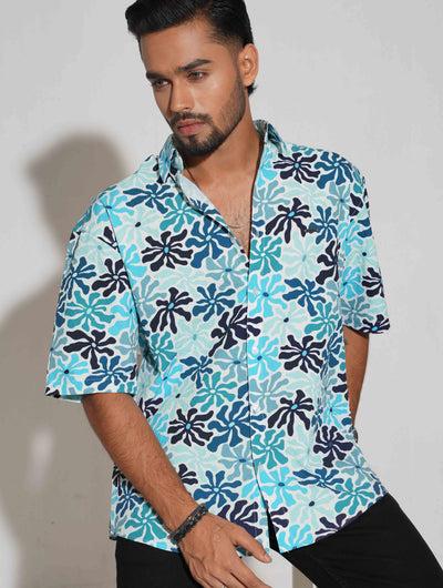 Turquoise blue flower printed drop shoulder half sleeve