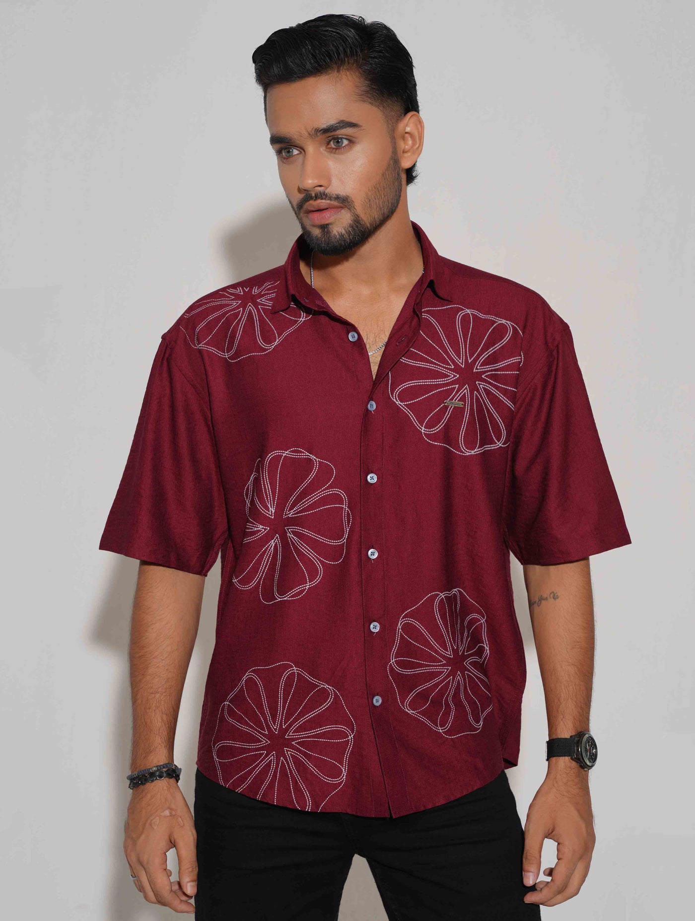 Maroon chest printed drop shoulder shirt