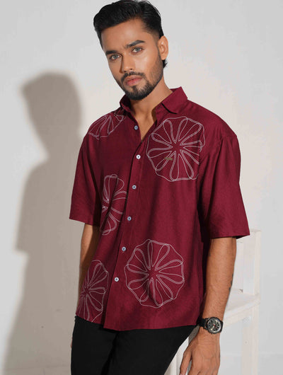 Maroon chest printed drop shoulder shirt