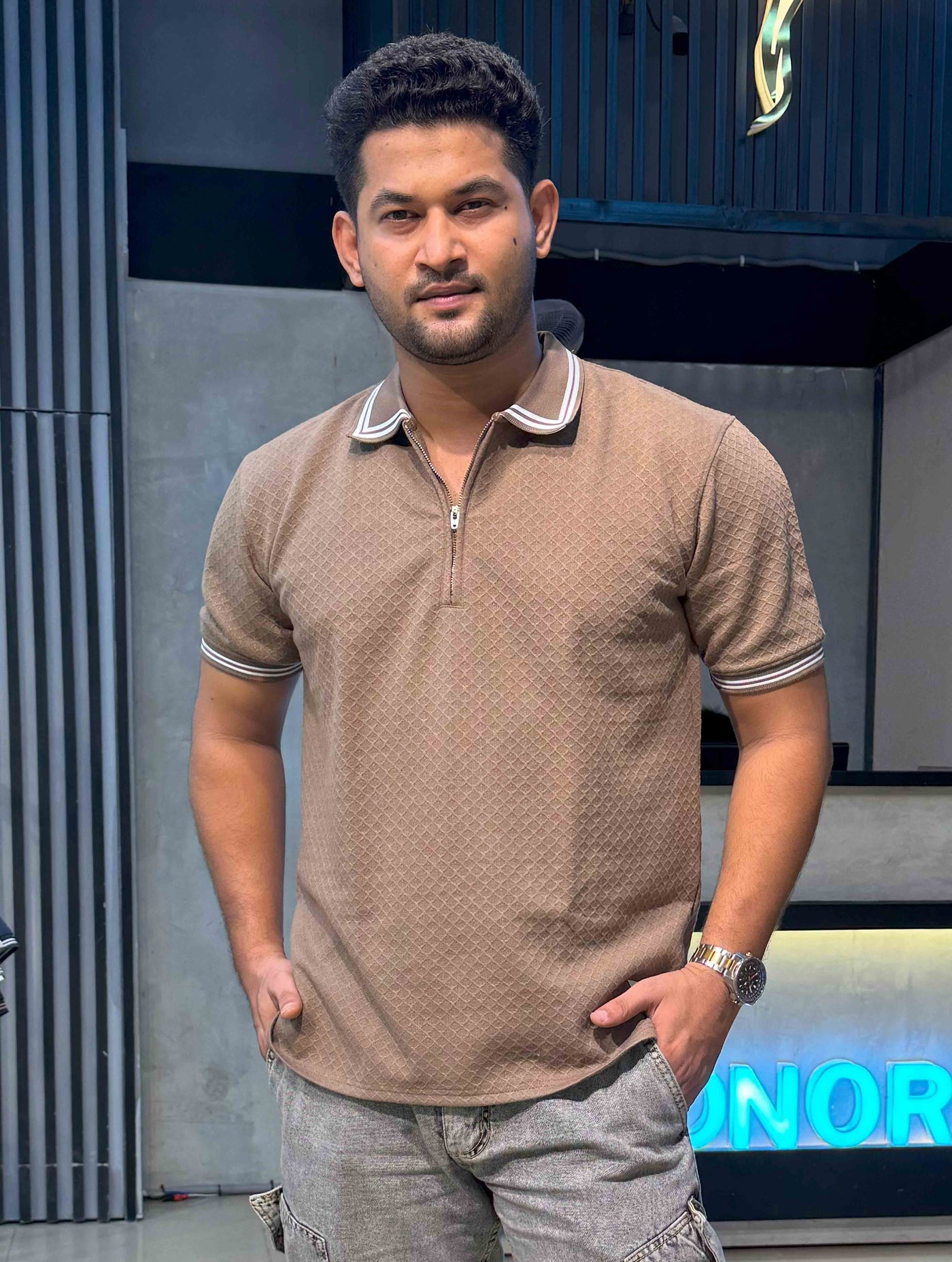 Caramel Brown stripe contrast Premium Zipper Polo