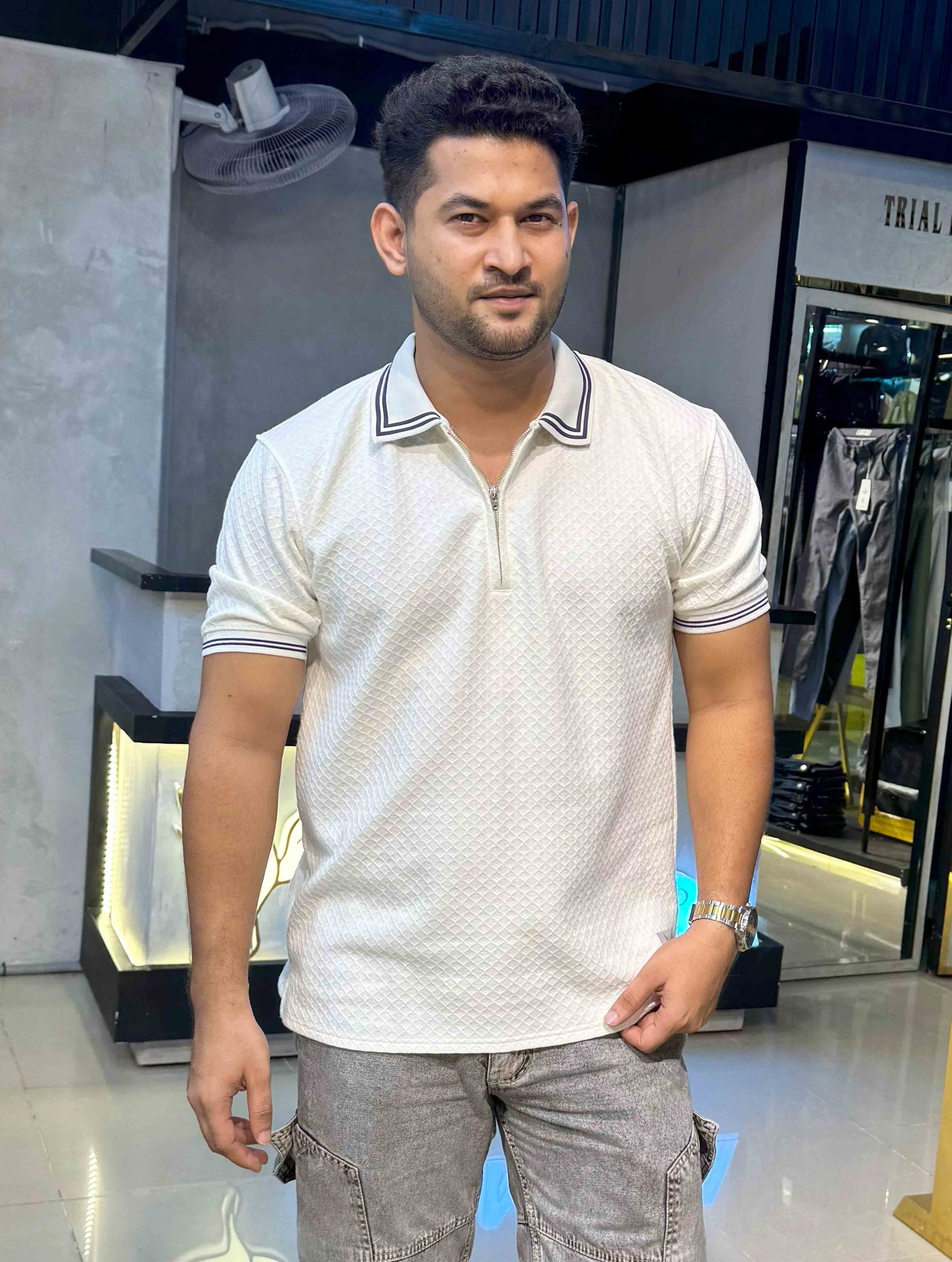 Bavarian Cream stripe contrast Premium Zipper Polo