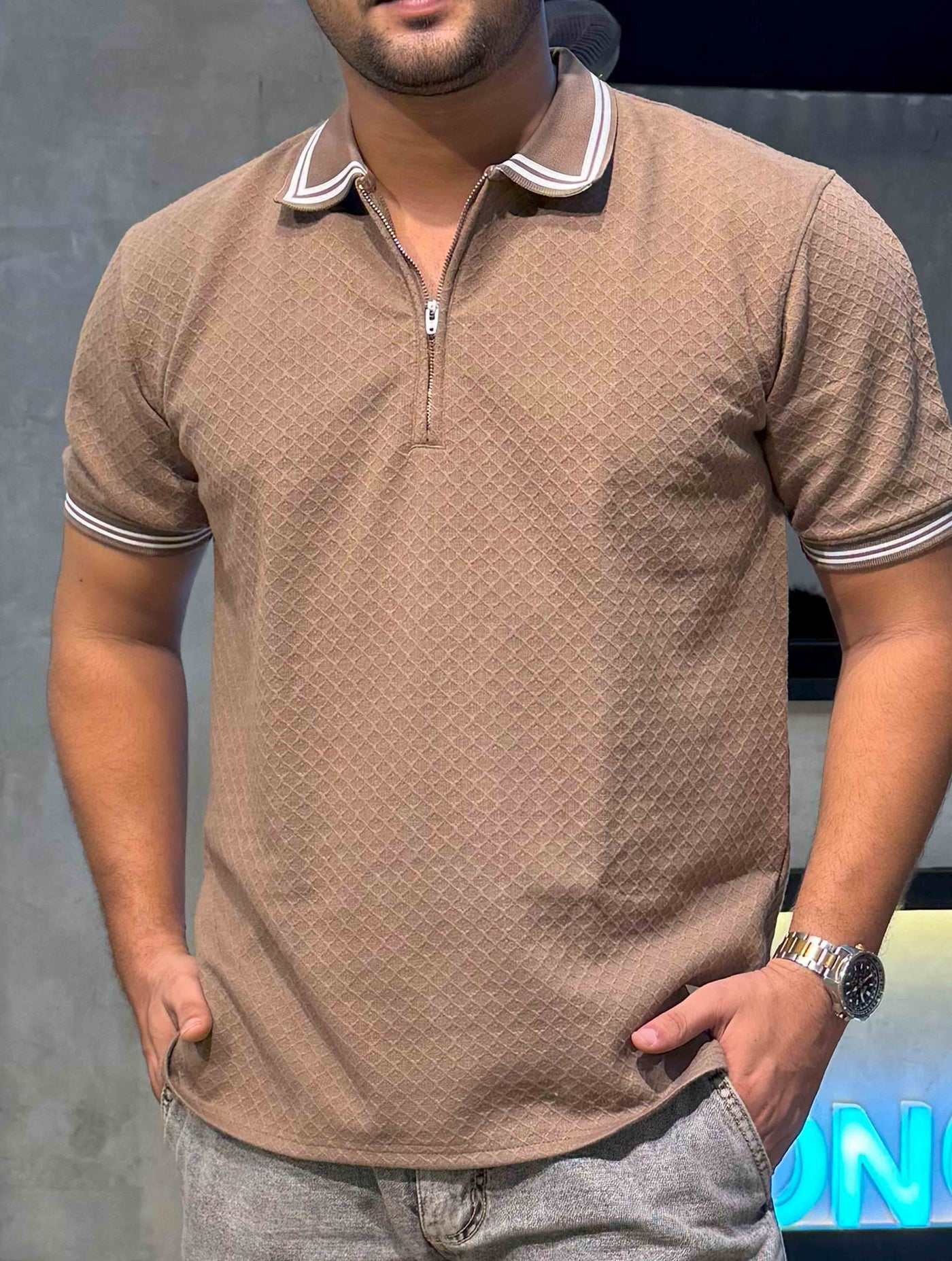 Caramel Brown stripe contrast Premium Zipper Polo
