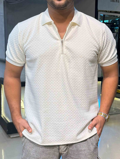 Pearl White Solid Premium Zipper Polo