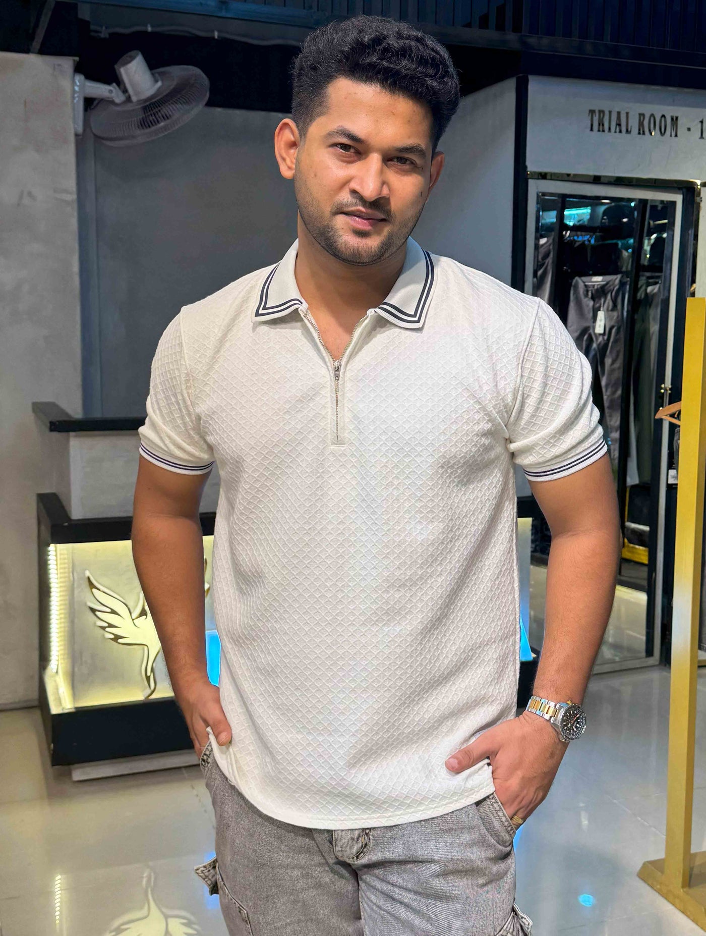 Bavarian Cream stripe contrast Premium Zipper Polo