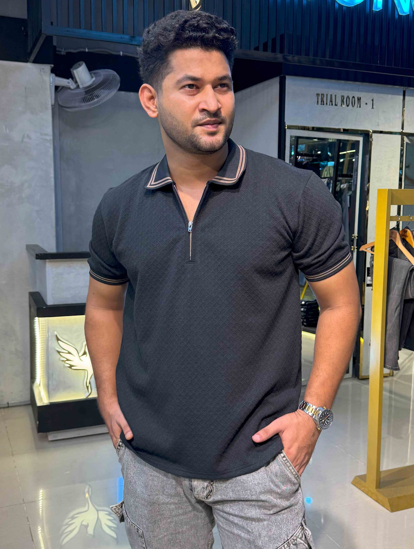 Jade Black stripe contrast Premium Zipper Polo