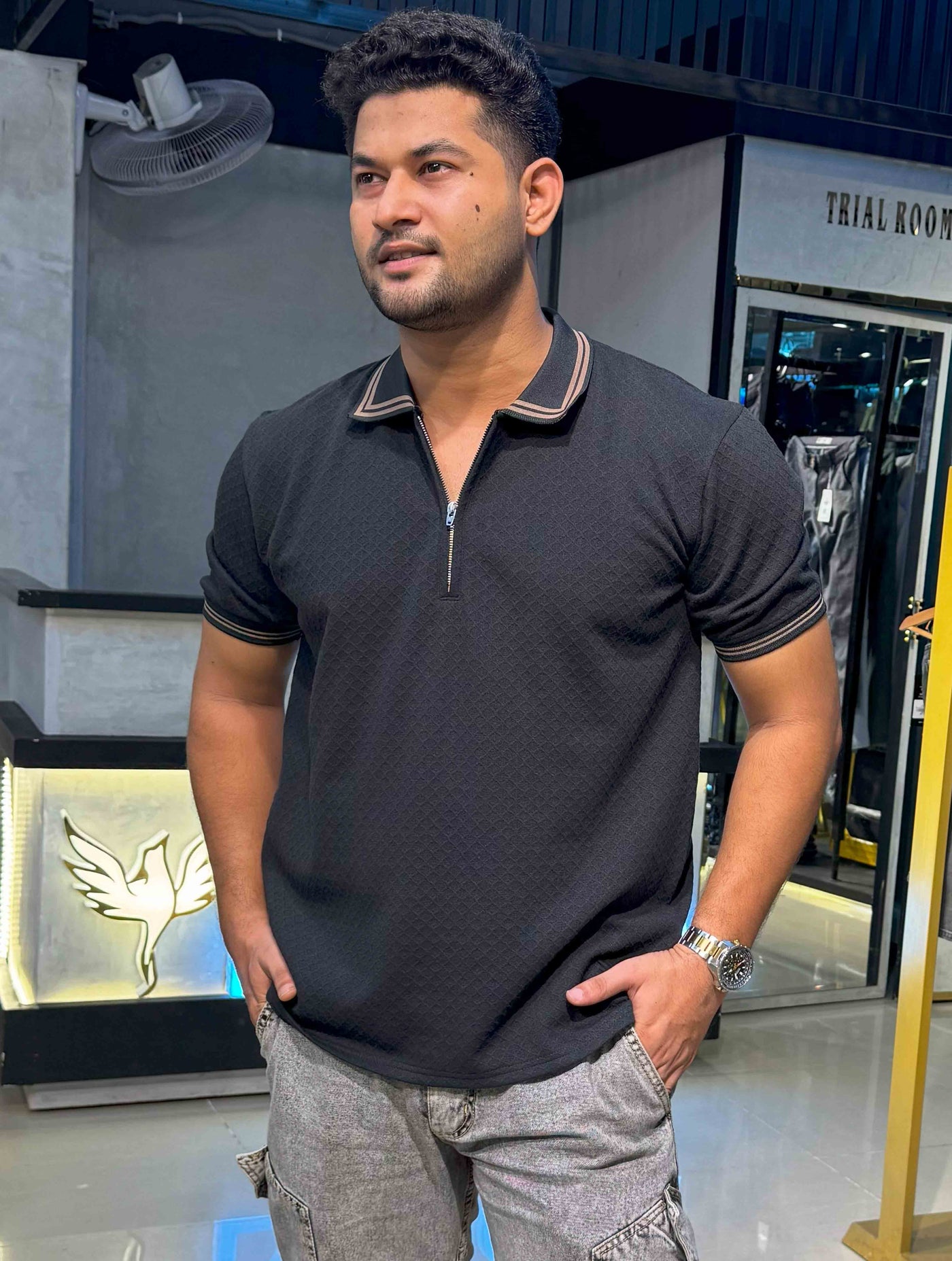 Jade Black stripe contrast Premium Zipper Polo