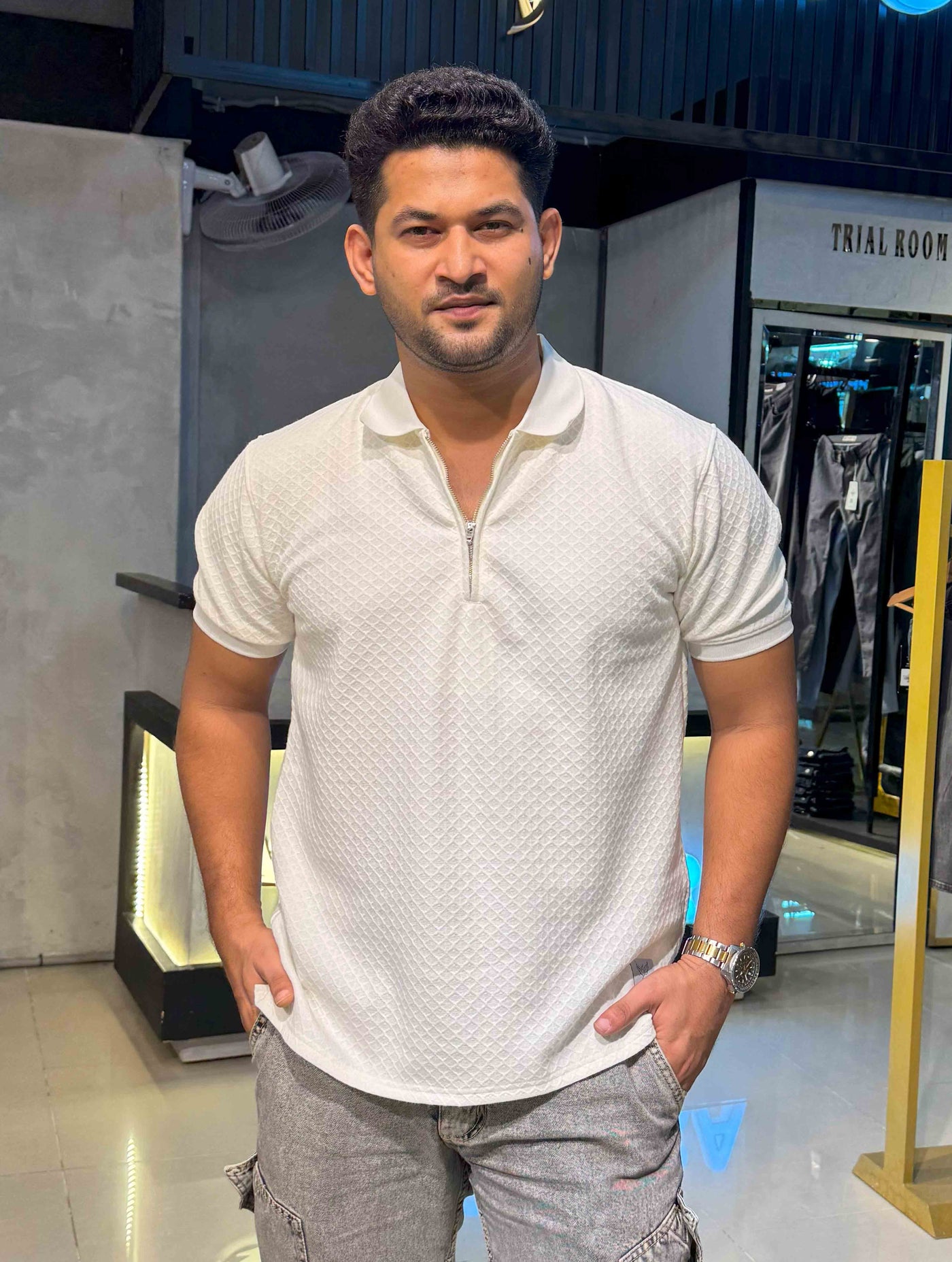 Pearl White Solid Premium Zipper Polo