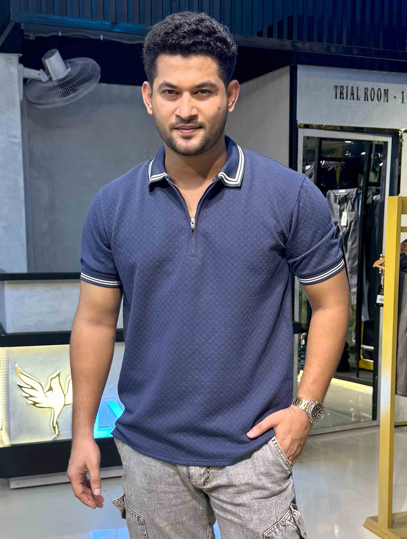 Oxford Blue stripe contrast Premium Zipper Polo