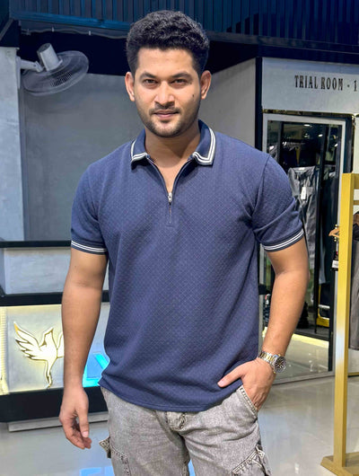 Oxford Blue stripe contrast Premium Zipper Polo