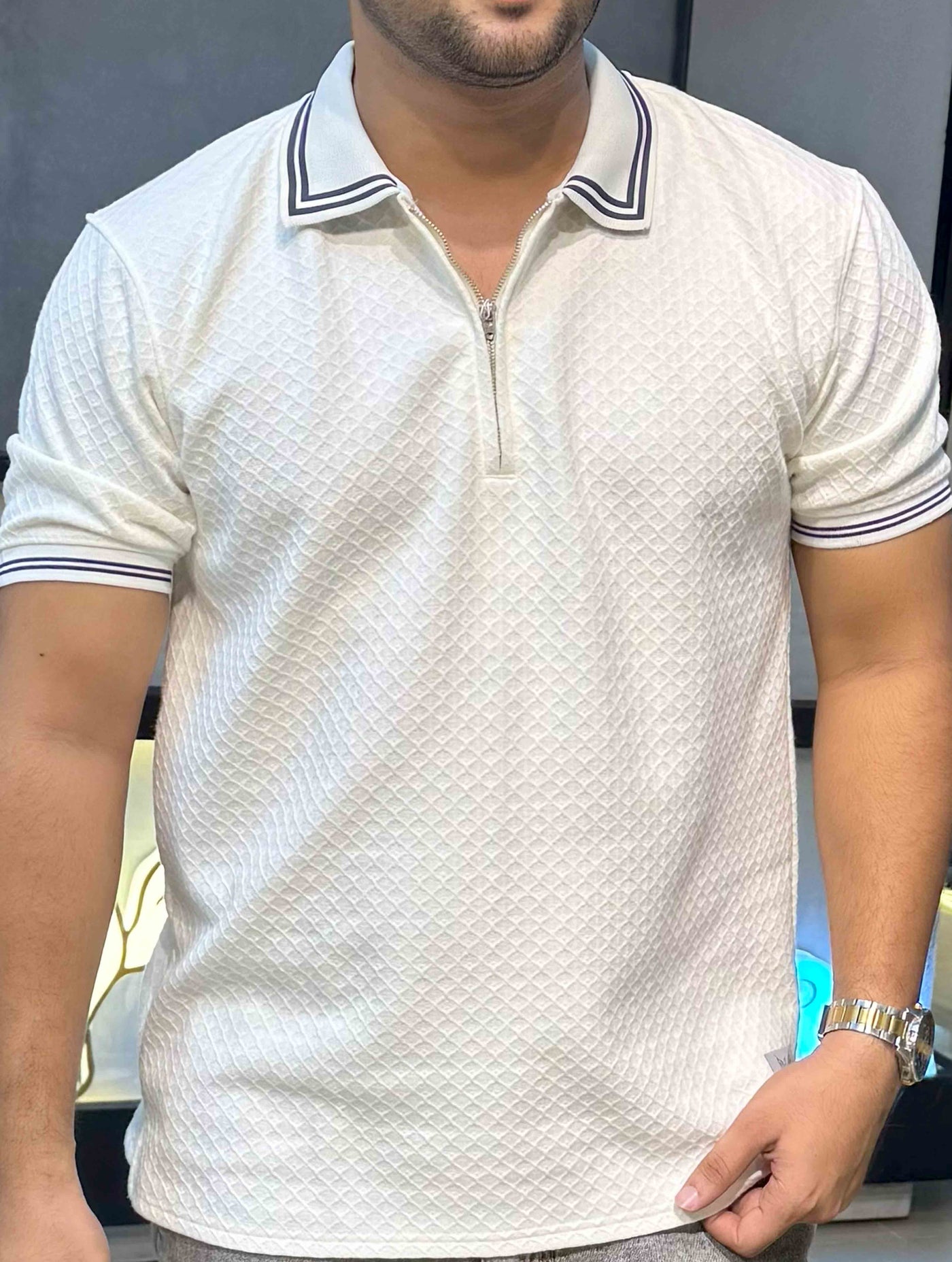 Bavarian Cream stripe contrast Premium Zipper Polo