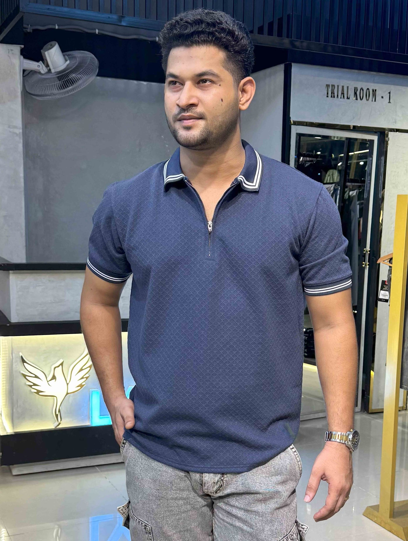 Oxford Blue stripe contrast Premium Zipper Polo