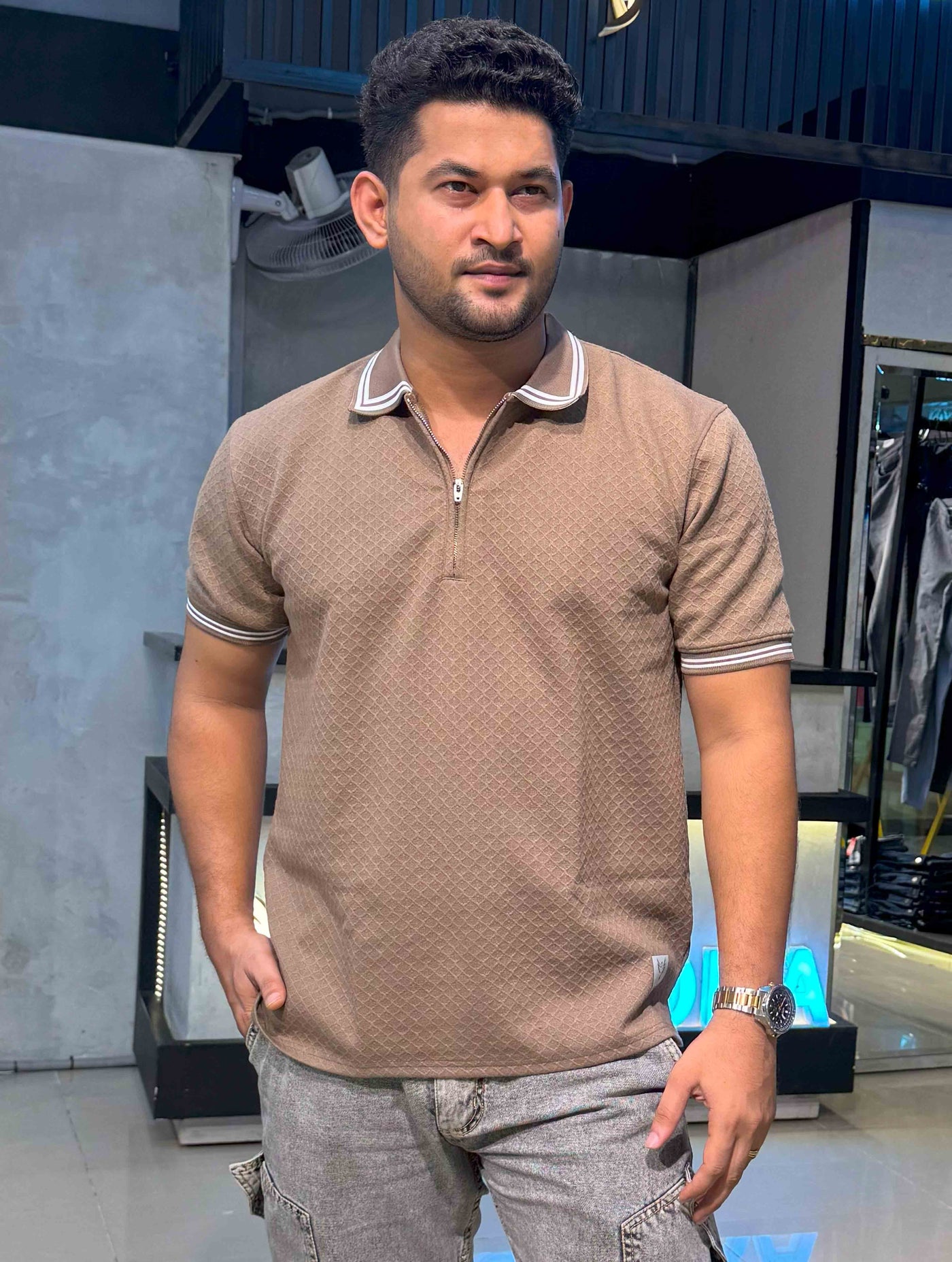 Caramel Brown stripe contrast Premium Zipper Polo
