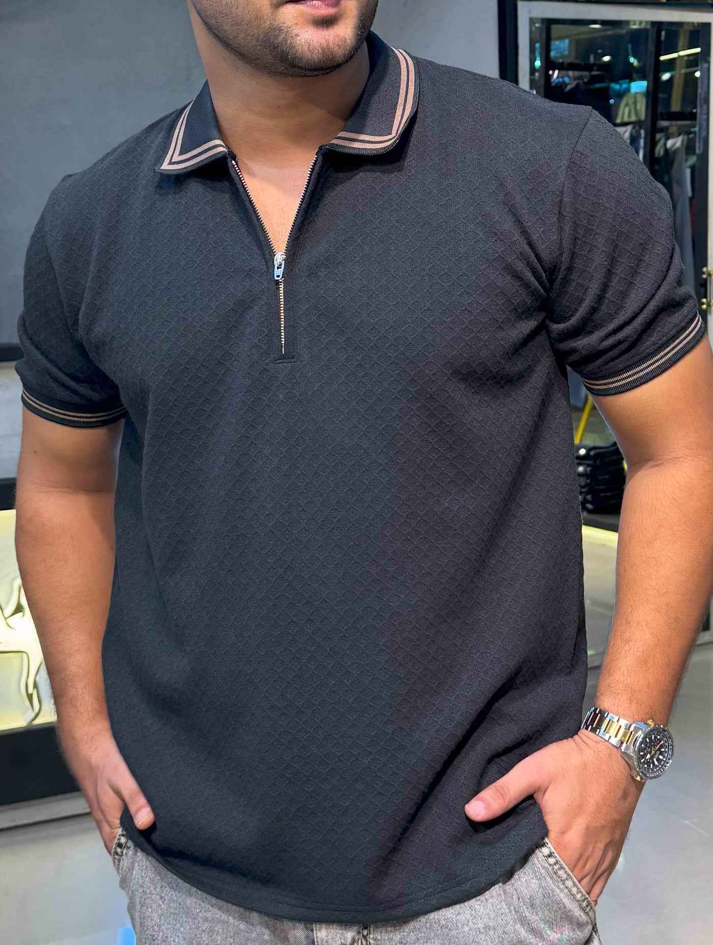Jade Black stripe contrast Premium Zipper Polo