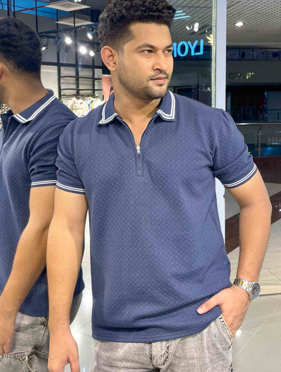 Oxford Blue stripe contrast Premium Zipper Polo