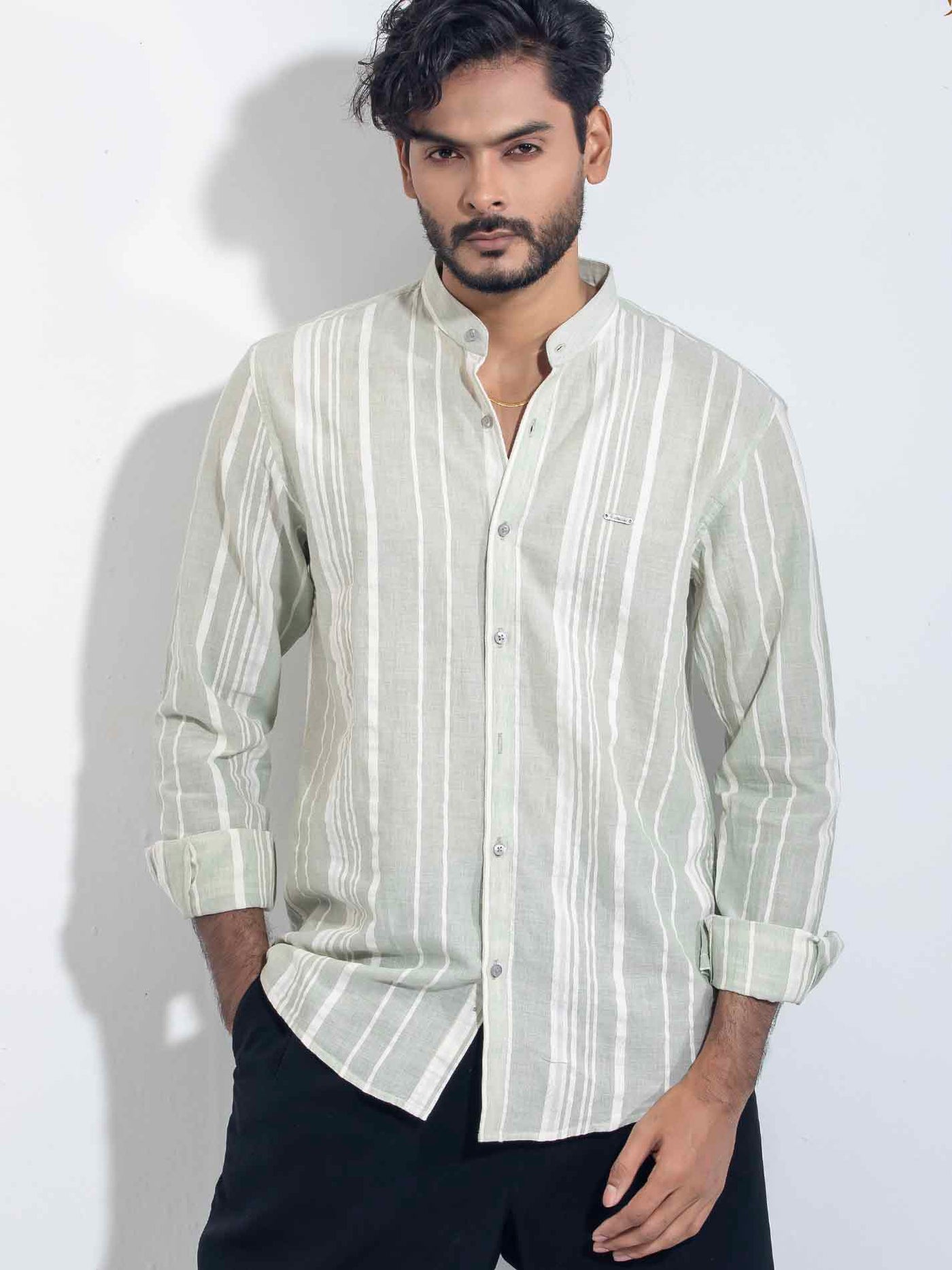 Light Olive Cream stripped band collar shirt