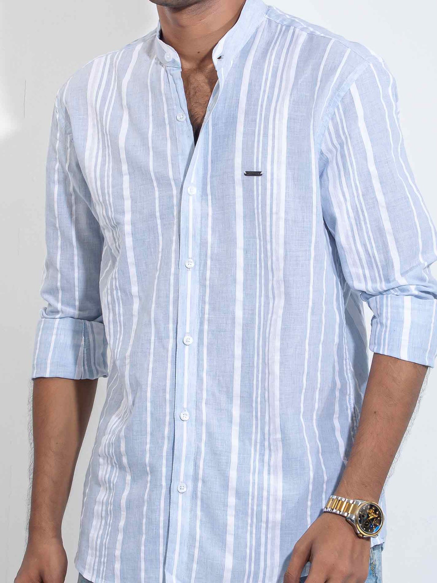 Sky white stripped band collar shirt