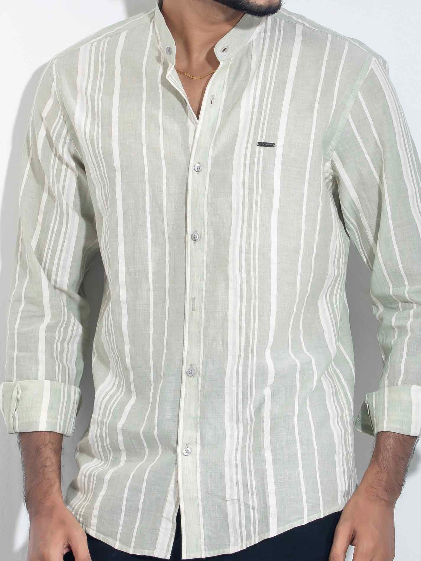 Light Olive Cream stripped band collar shirt