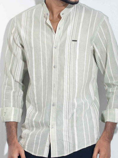 Light Olive Cream stripped band collar shirt