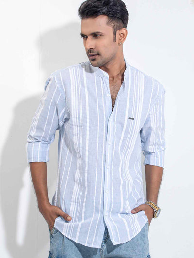 Sky white stripped band collar shirt