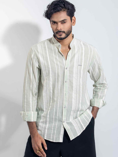 Light Olive Cream stripped band collar shirt