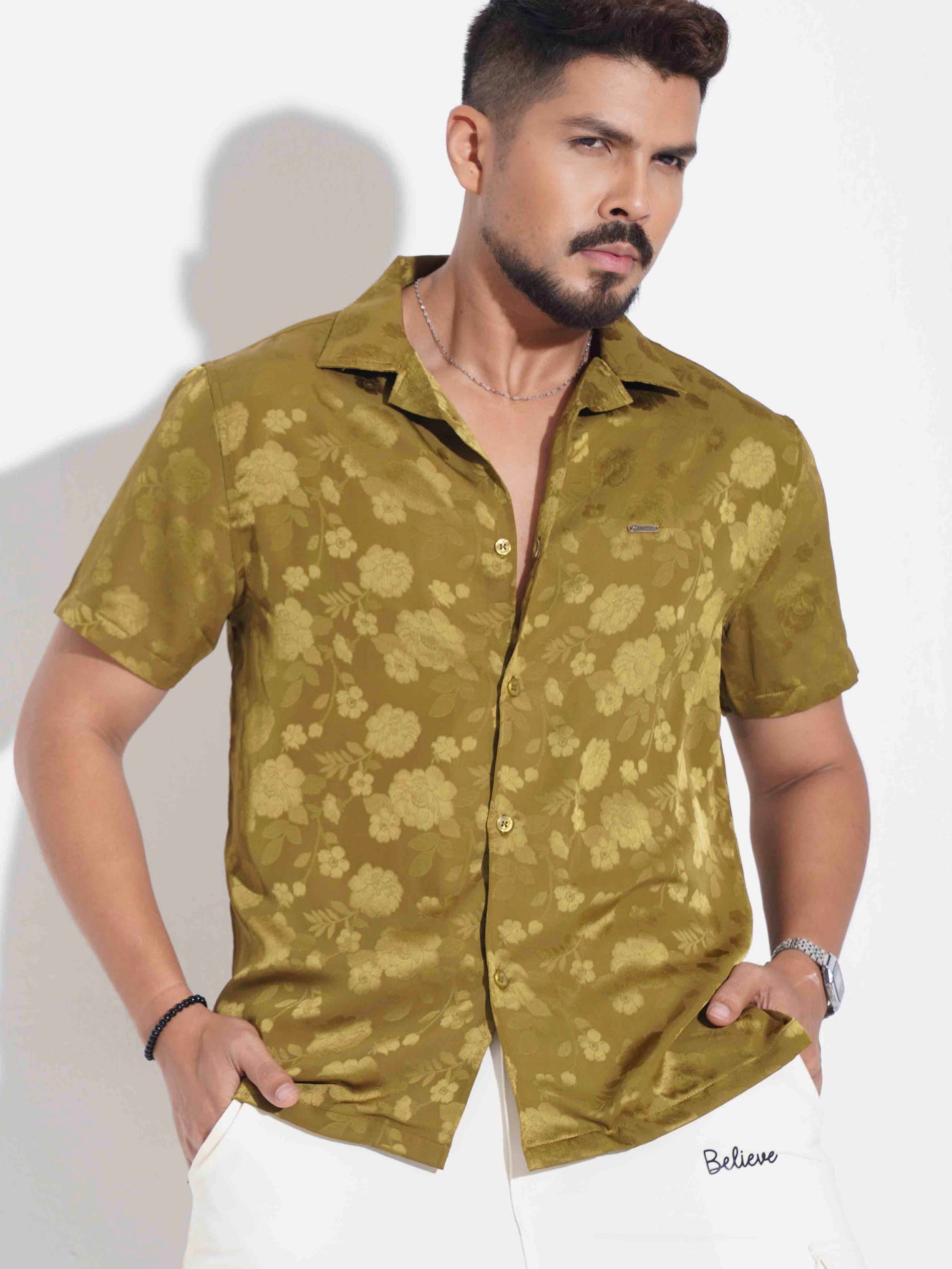Glossy Olive flower printed havana shirt