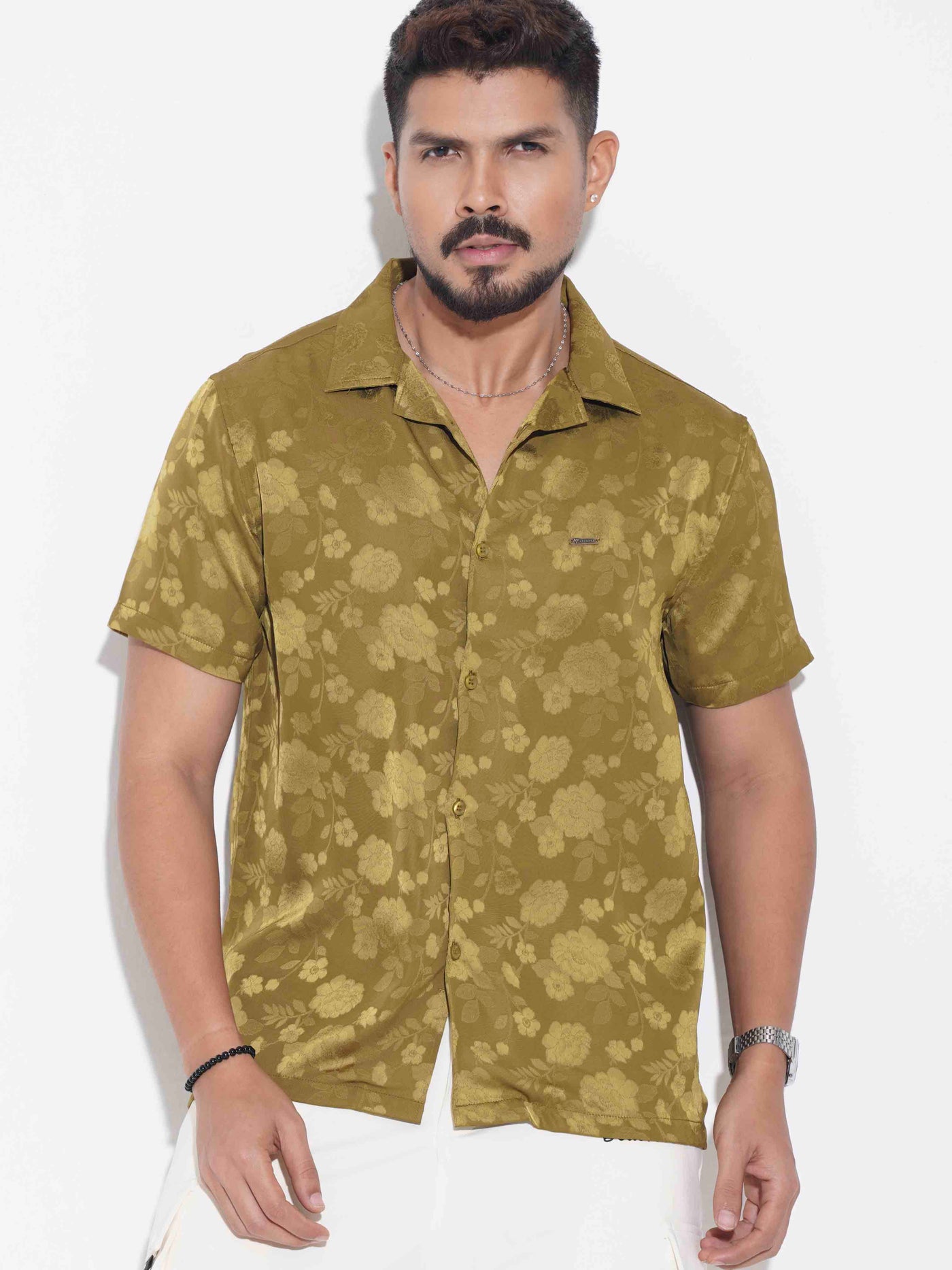 Glossy Olive flower printed havana shirt