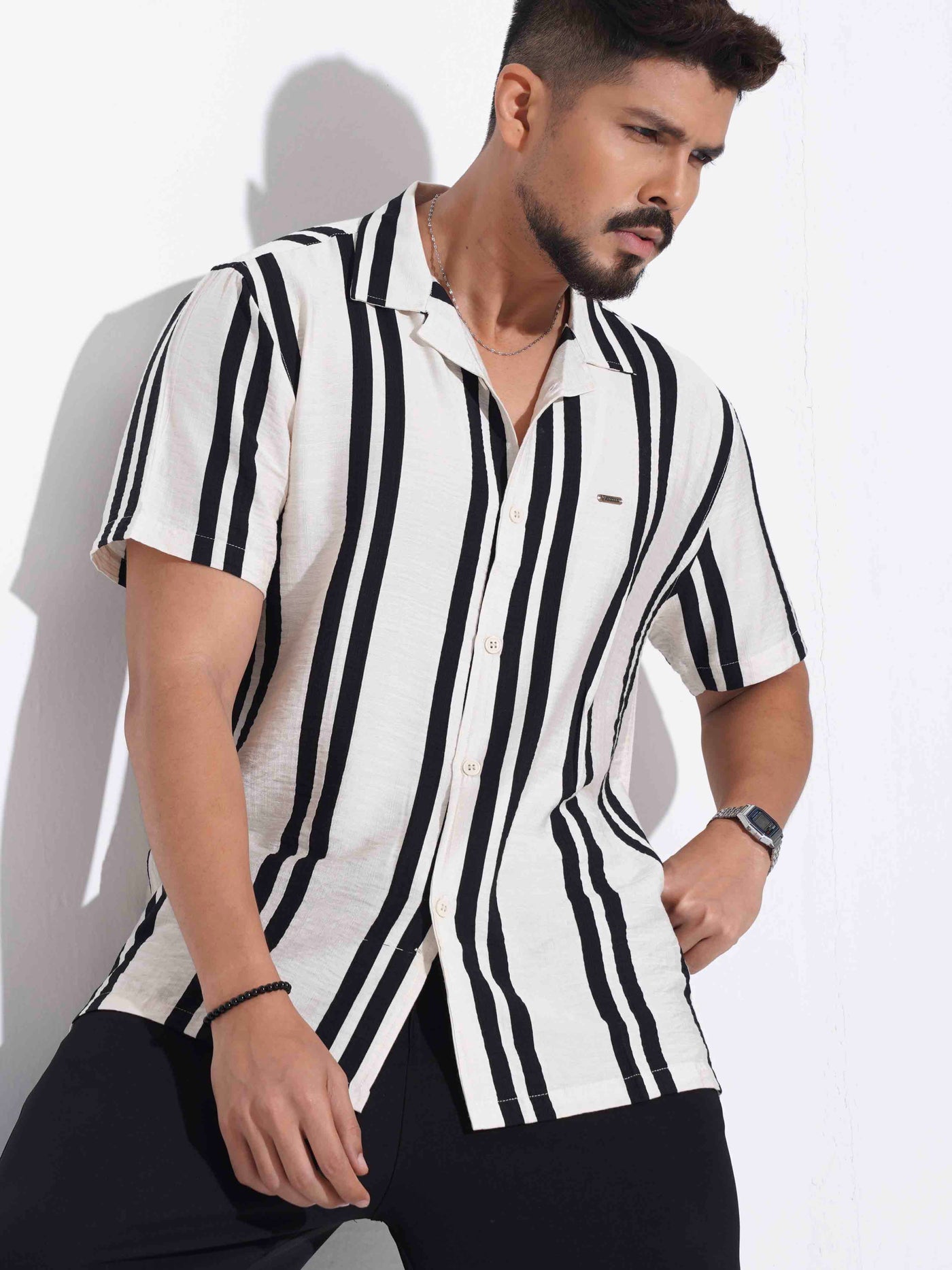 Cream matte black stripe printed havana shirt