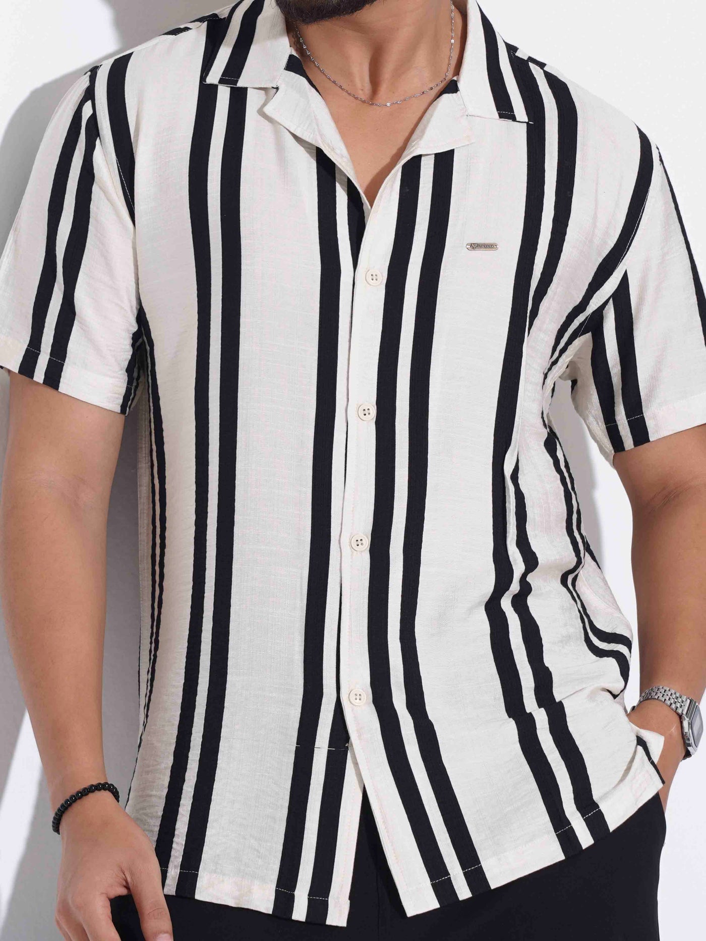 Cream matte black stripe printed havana shirt