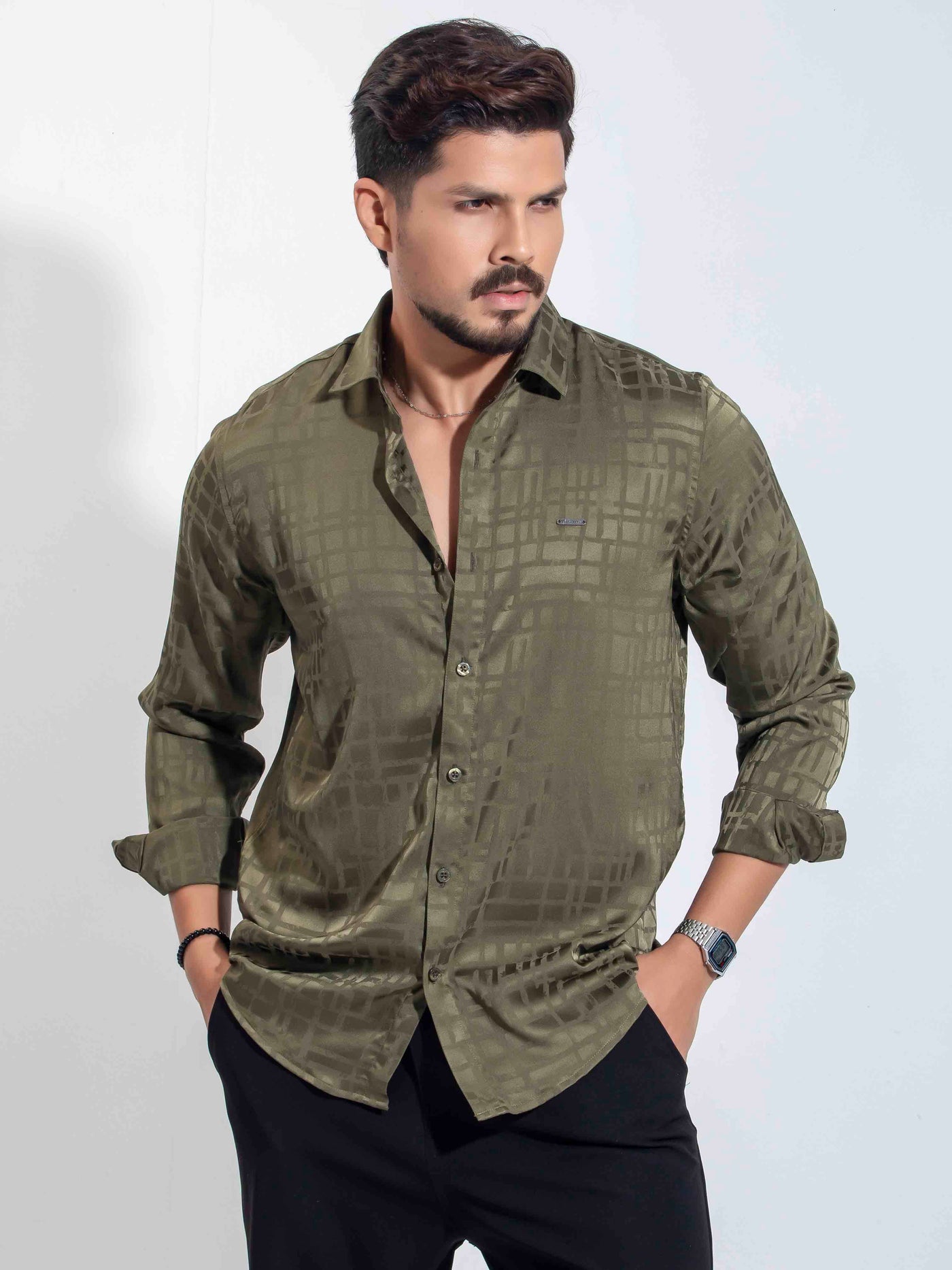 Olive Box Printed Premium Full Sleeve Shirt