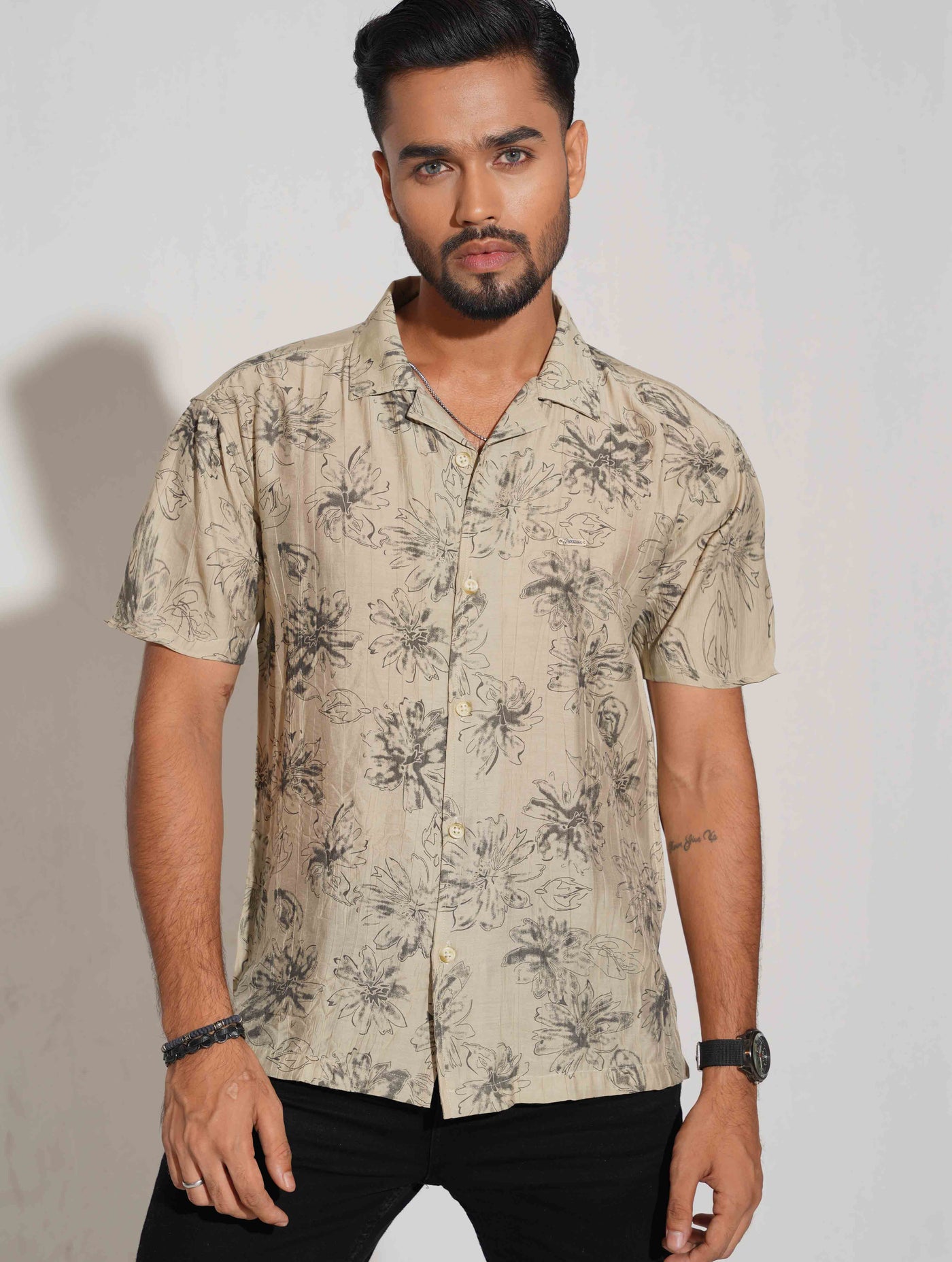 Cream black leaf printed viscos Havana