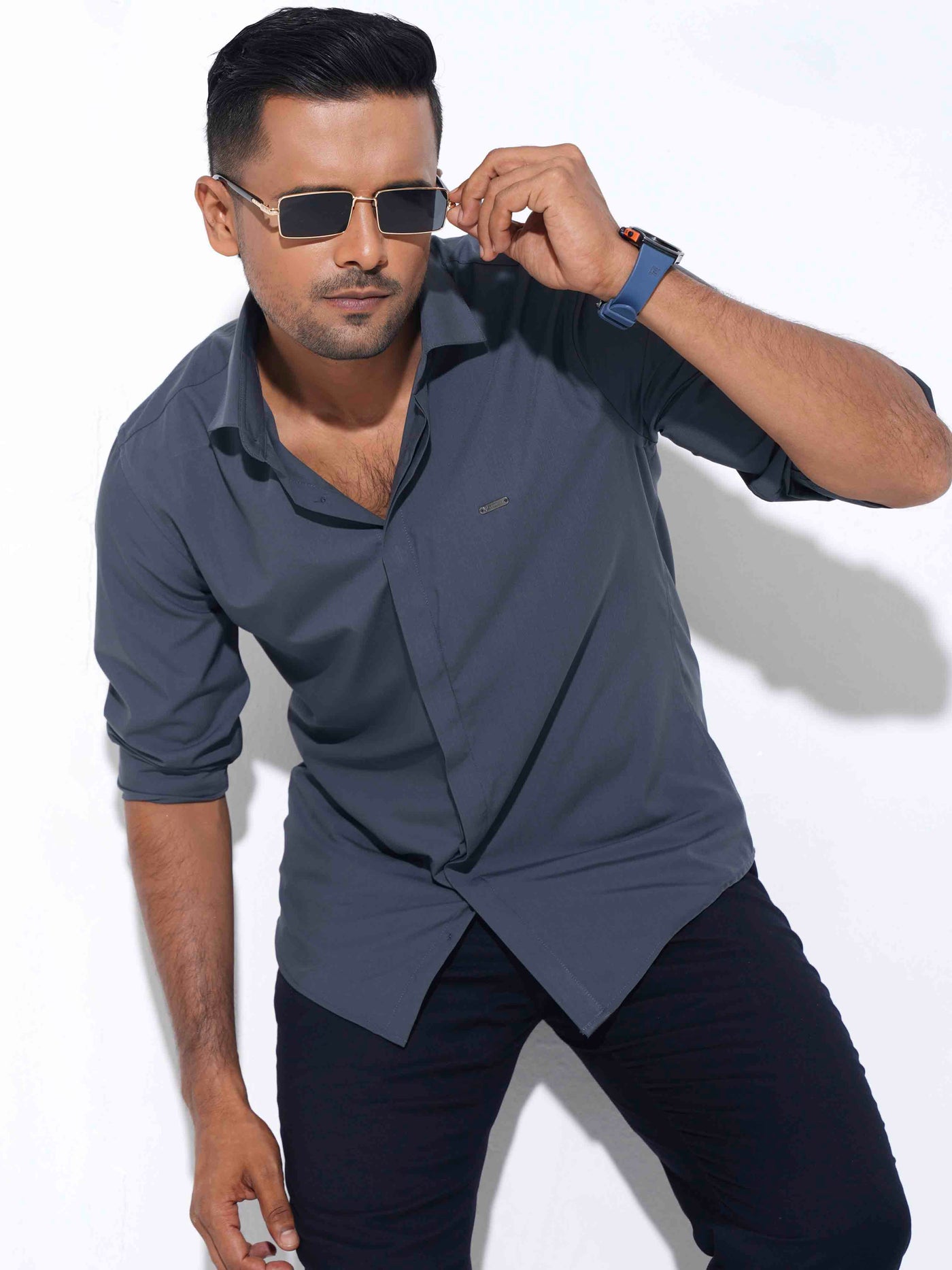 Gray color plated solid full sleeve shirt