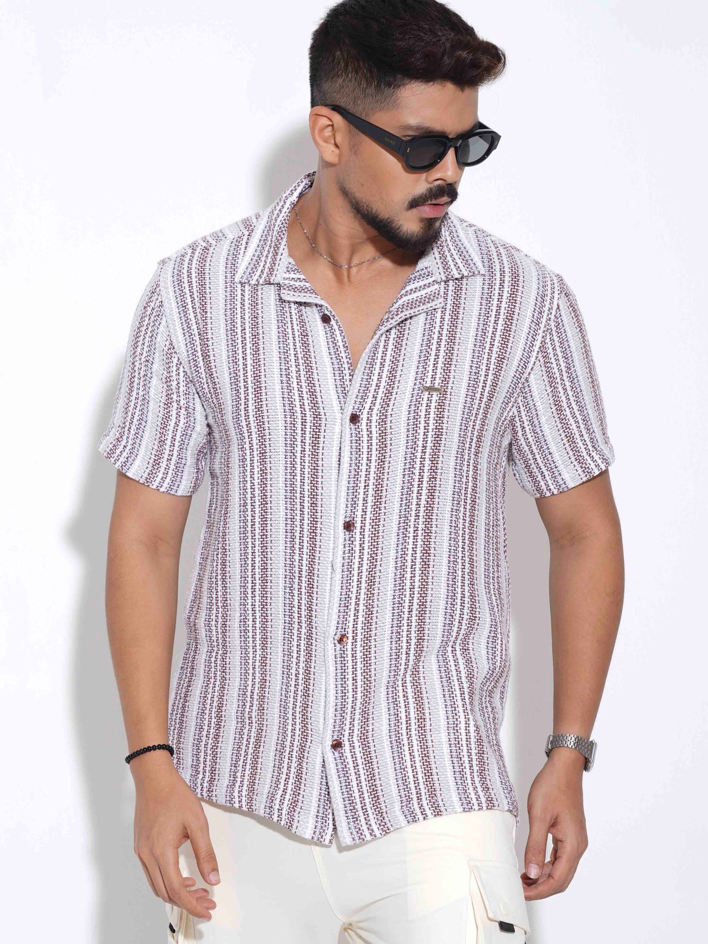 Cream Maroon stripe printed havana shirt