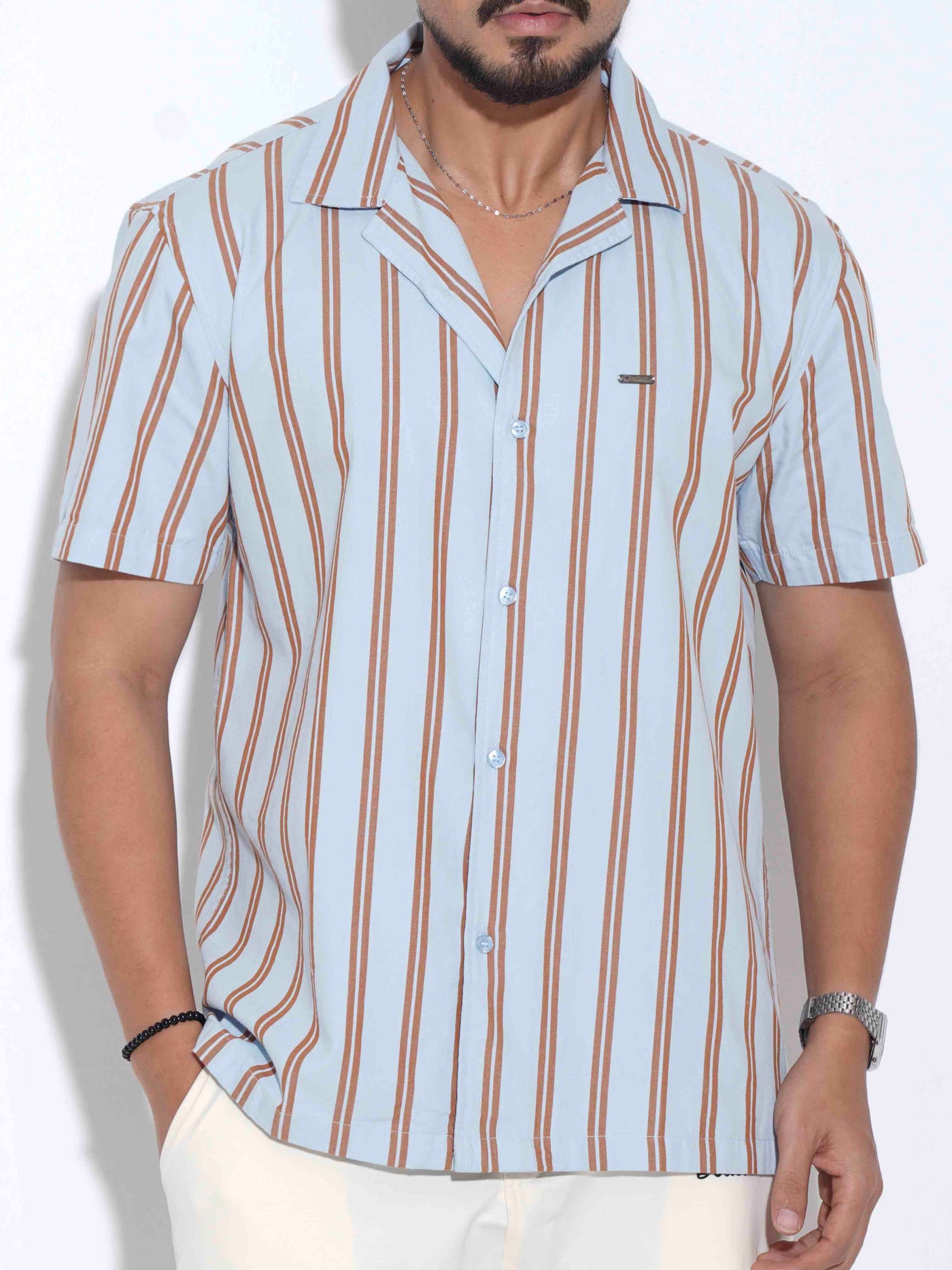 Sky brown stripe printed havana shirt