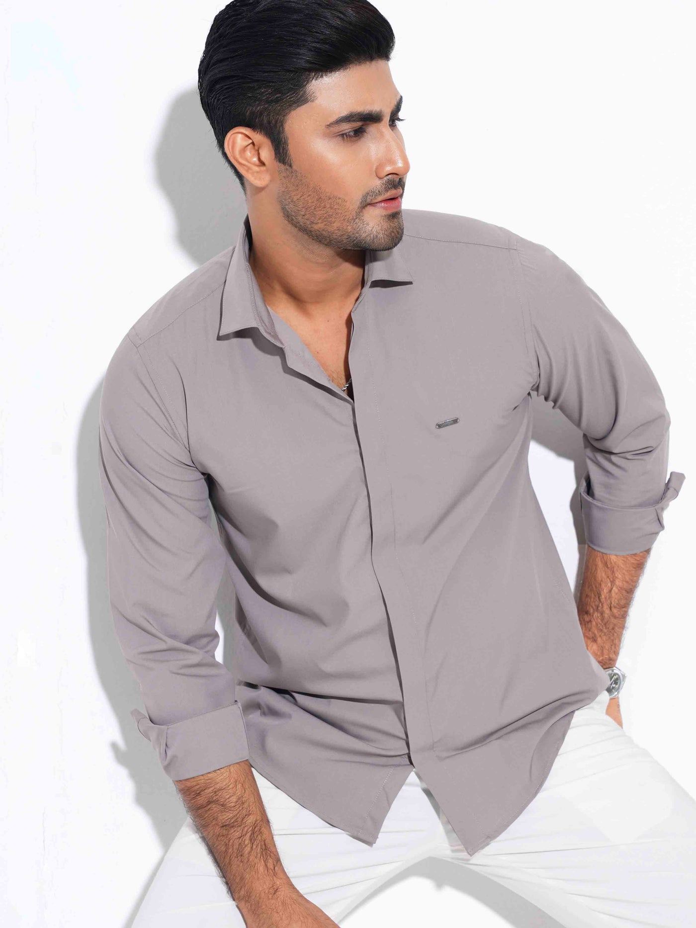 Beige color plated solid full sleeve shirt