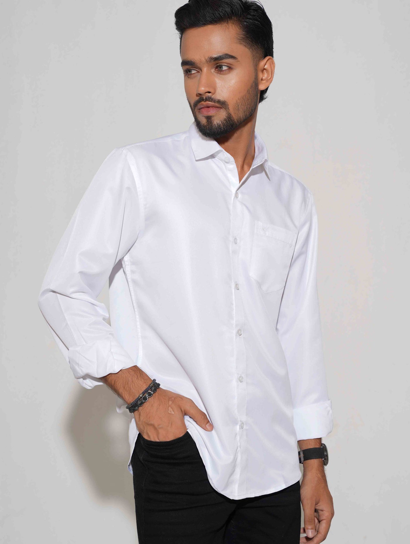 White solid cotton full sleeve shirt