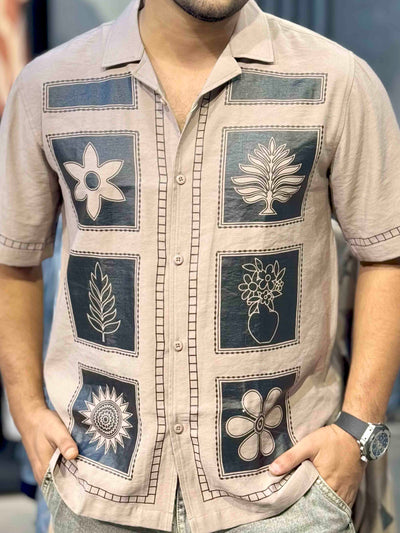 Beige Block Flower printed havana shirt