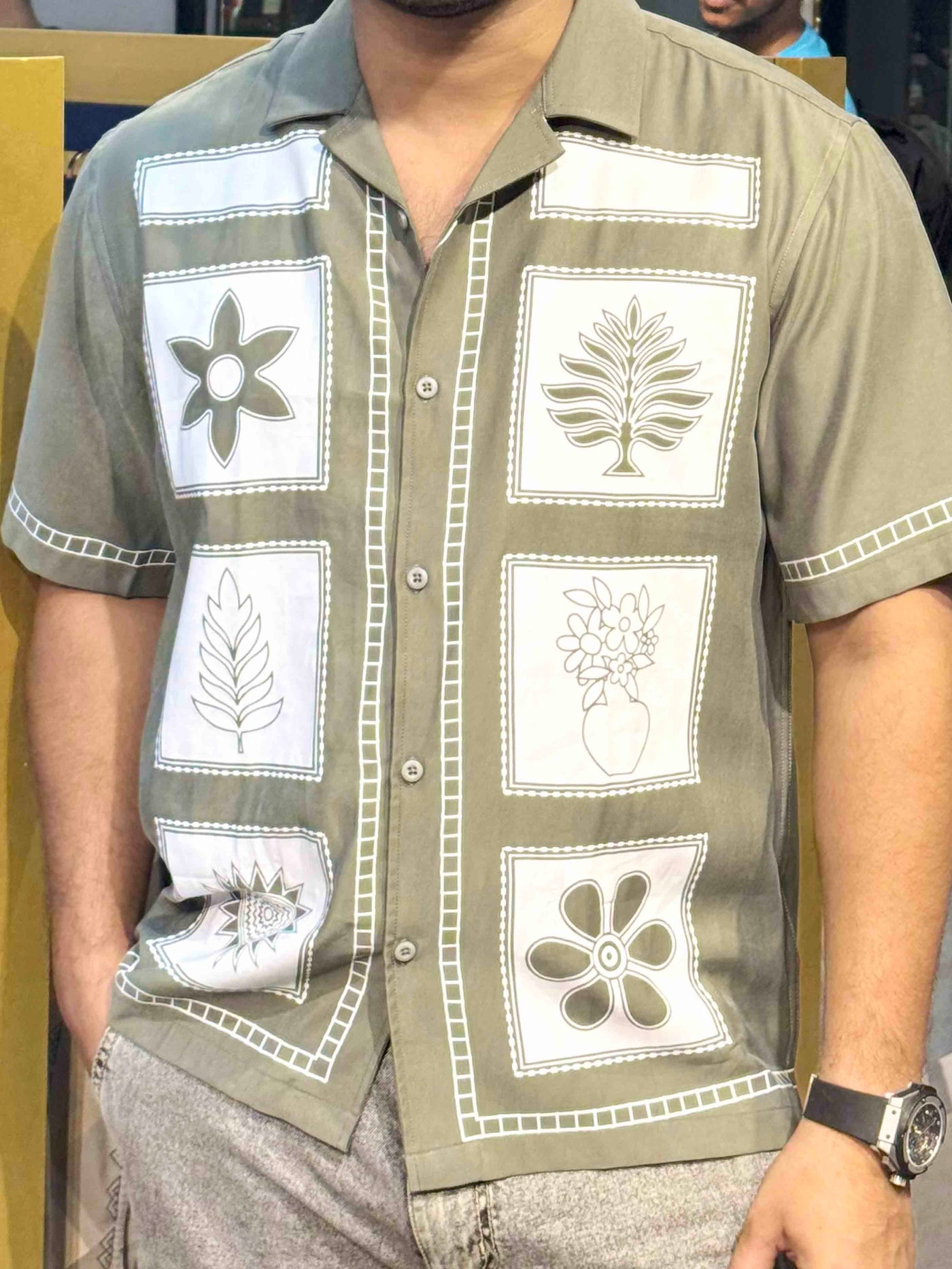 Olive Block Flower printed havana shirt