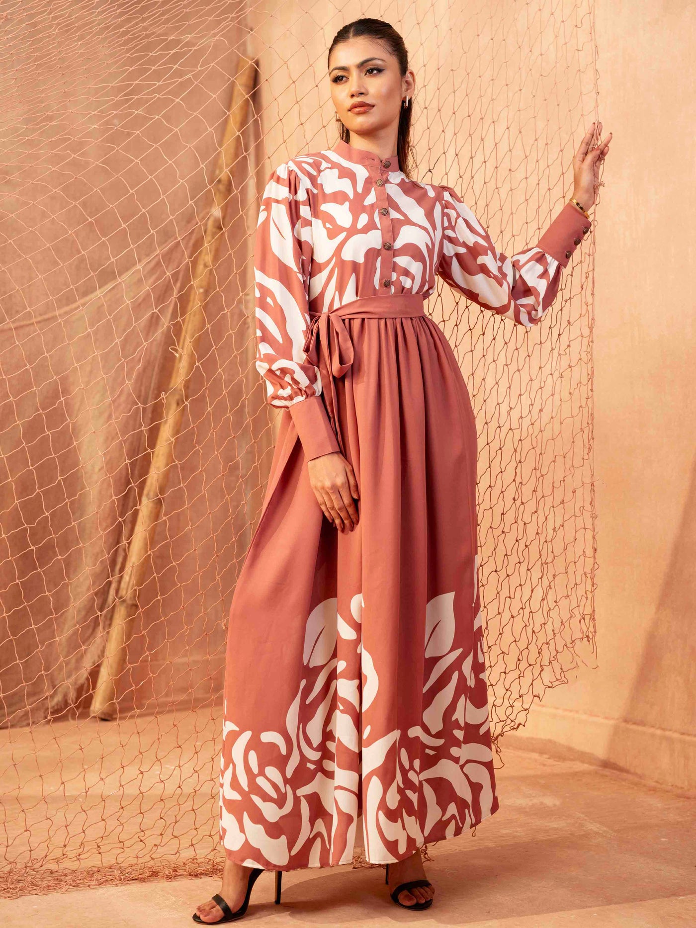 Pink and White Floral Printed Gown