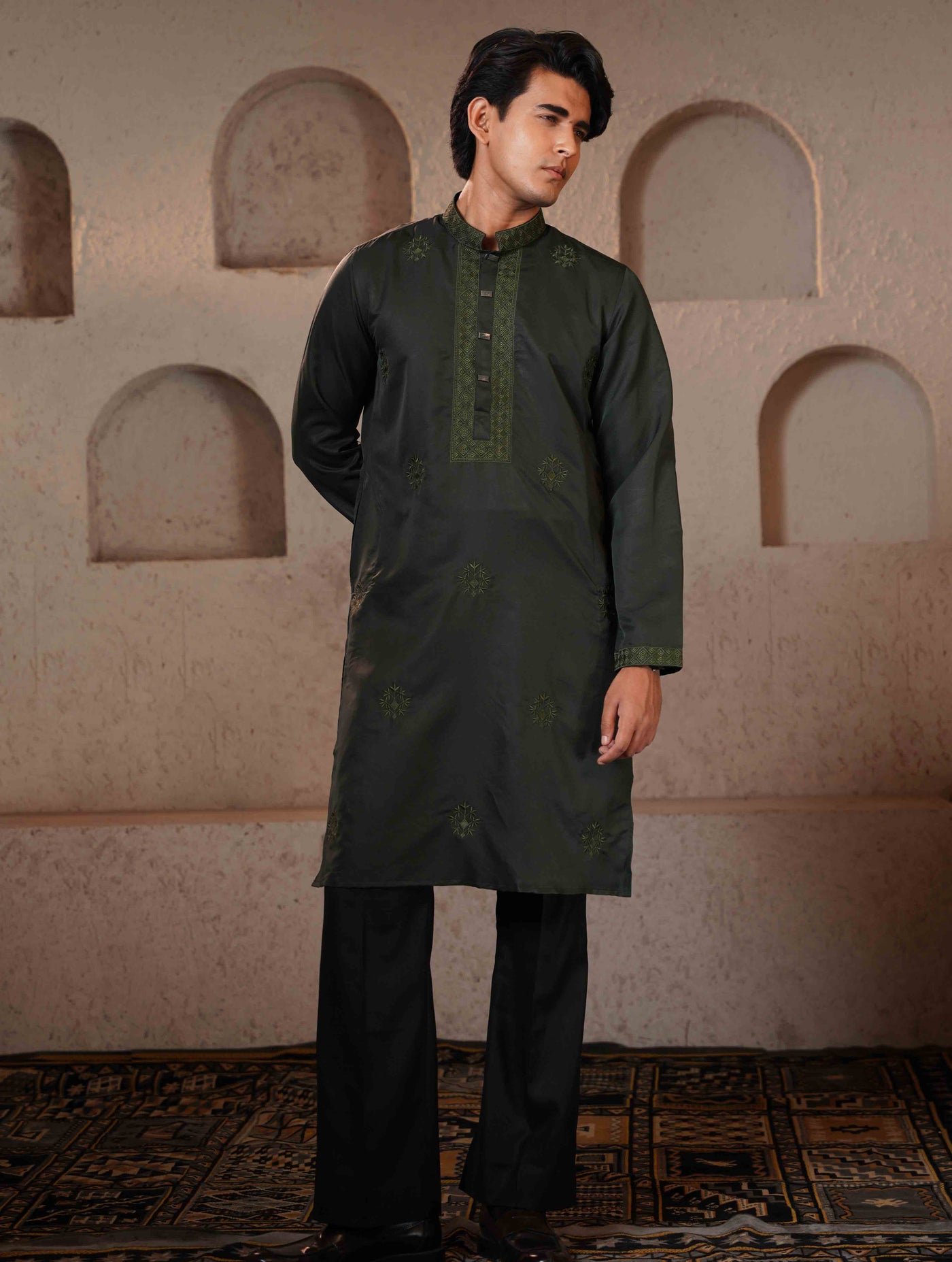Deep green color full body chest Embroidery premium Panjabi