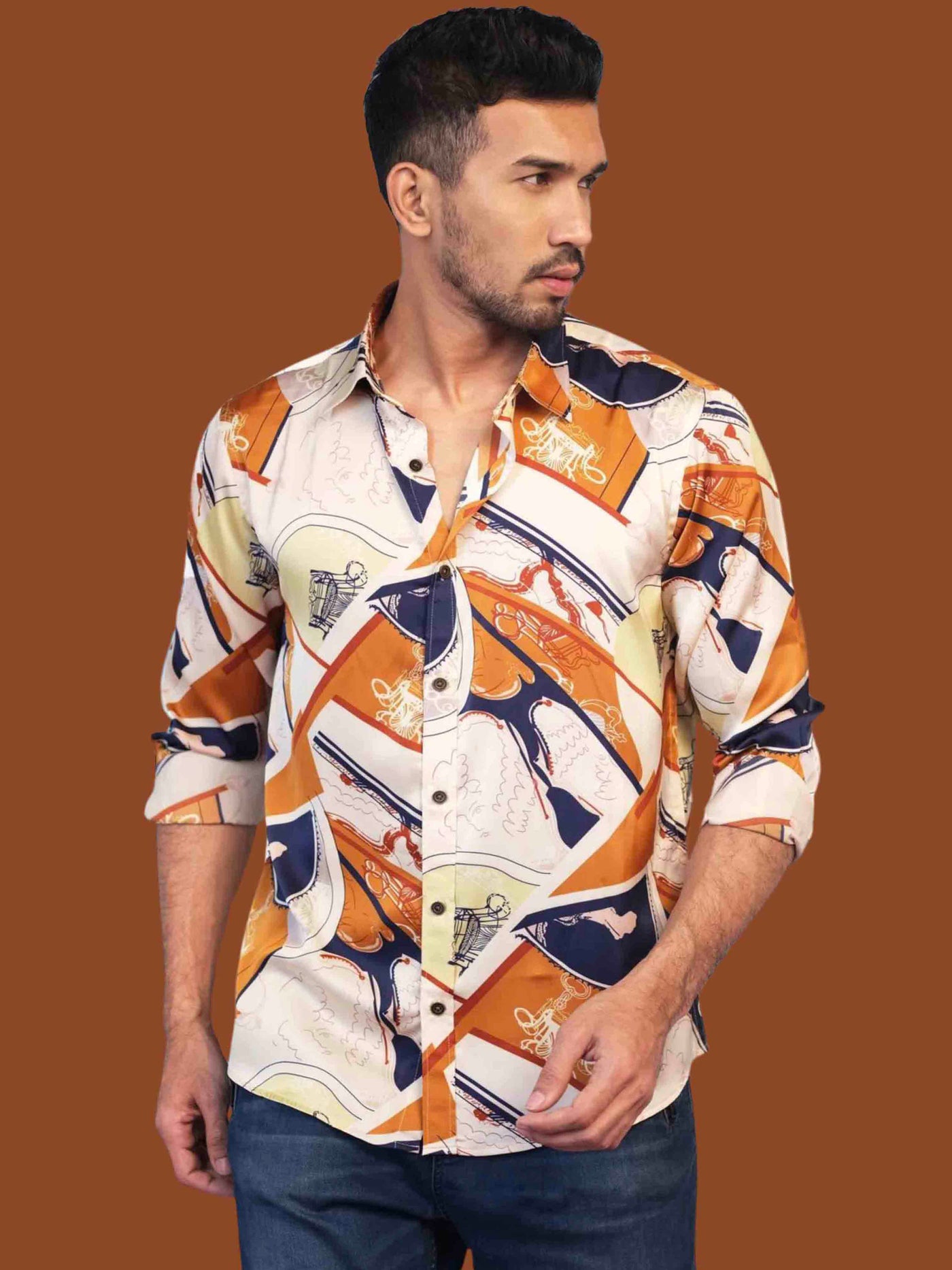 Purl white and yellow printed royal silk full sleeve shirt