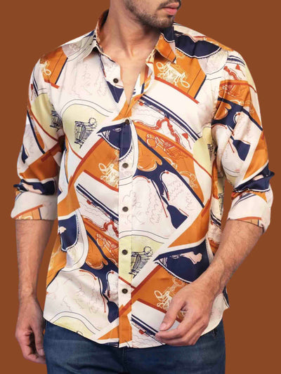 Purl white and yellow printed royal silk full sleeve shirt